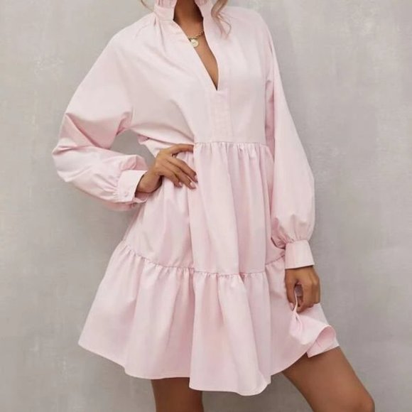 Babydoll Mini Long sleeved Dress Baby Pink - Picture 4 of 13